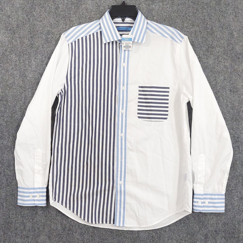 J. McLaughlin Shirt Mens Small White Blue Stripe Long‎ Sleeve Patchwork Cotton